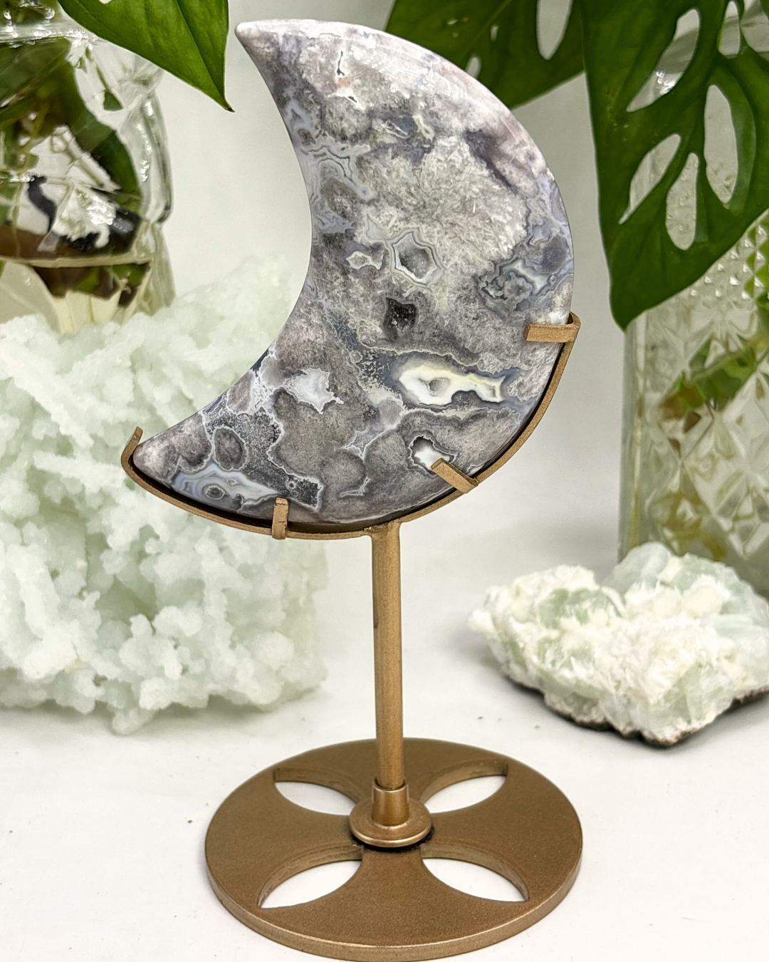 Black Flower Agate Moon Carving with Stand