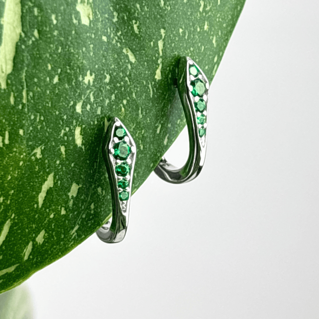 The Guide Crystals Green Mini Snake Zirconia Silver Huggie Earrings
