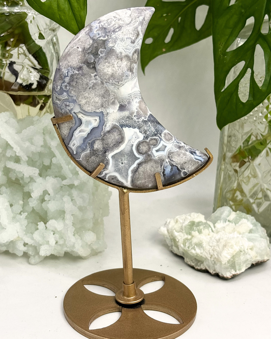 Black Flower Agate Moon Carving with Stand
