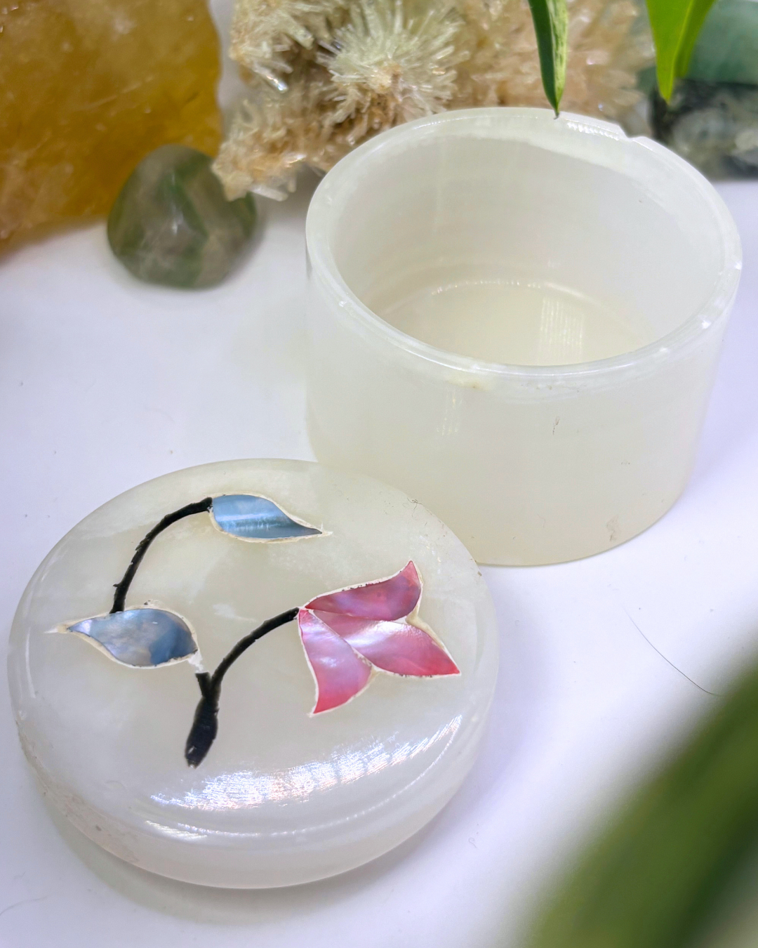 Vintage Calcite Trinket Box with Pearlescent Flowers