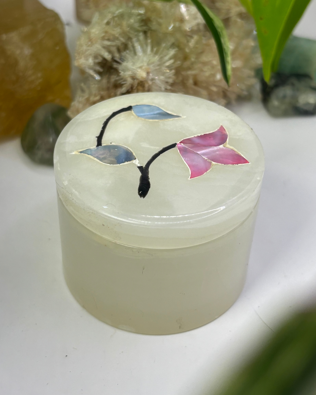Vintage Calcite Trinket Box with Pearlescent Flowers