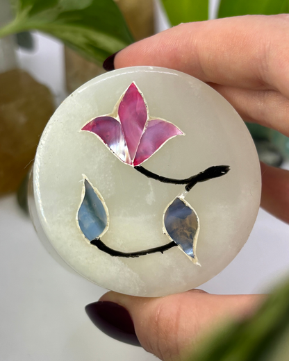 Vintage Calcite Trinket Box with Pearlescent Flowers