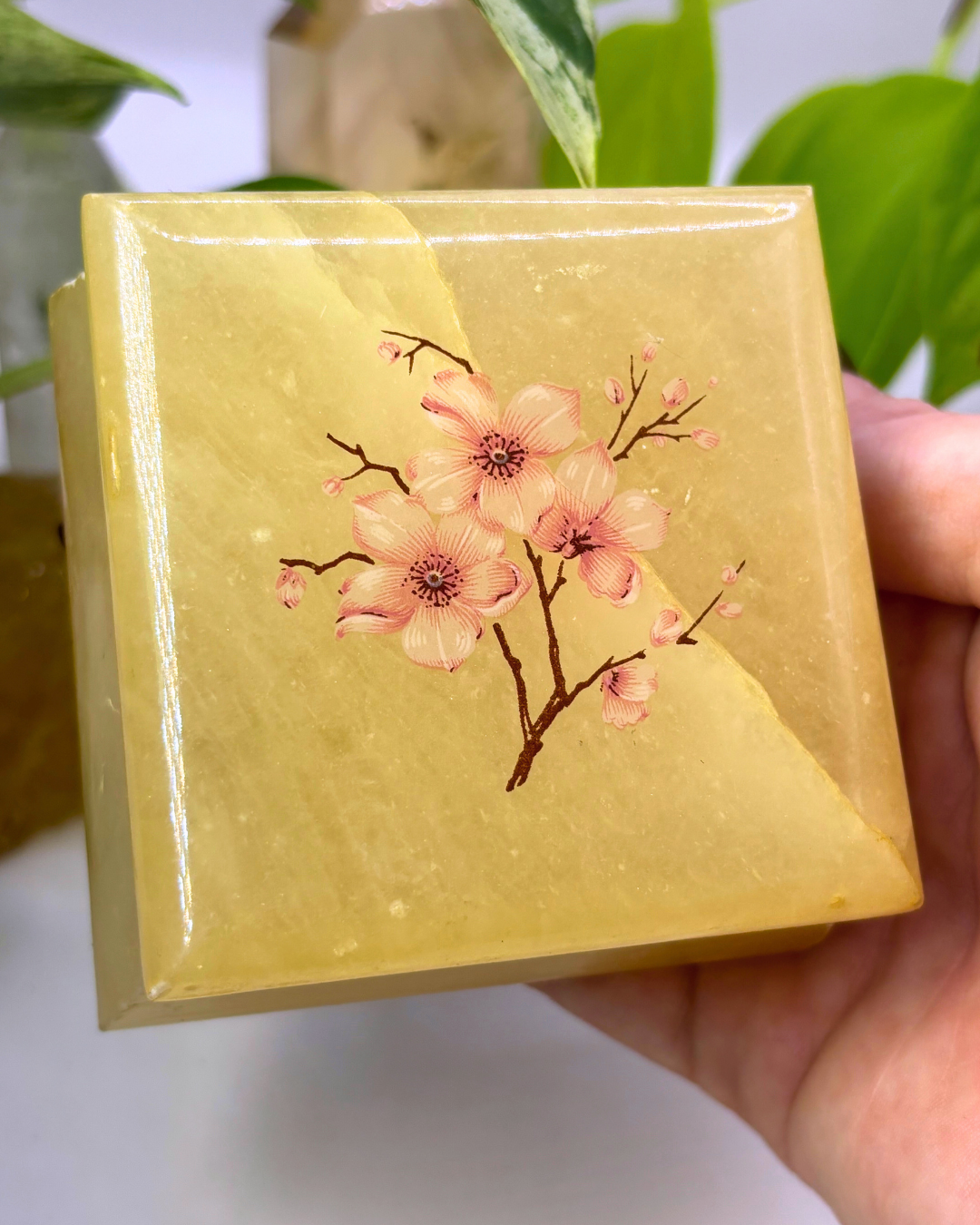 Vintage Alabaster Trinket Box with Dogwood Blossoms