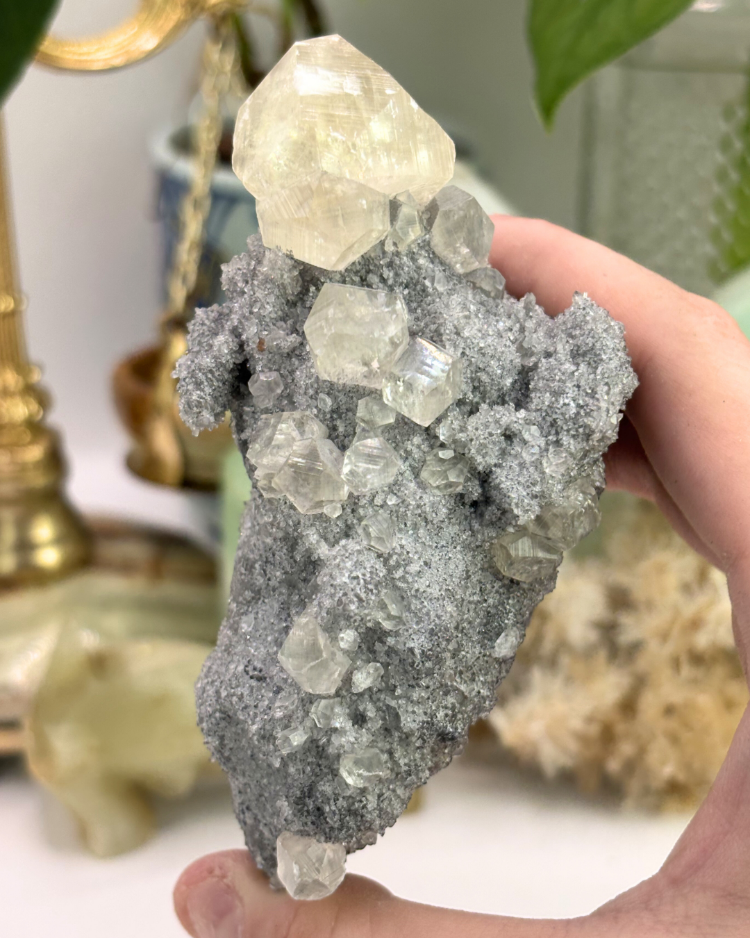 Diamond Calcite on Druzy Quartz Specimen