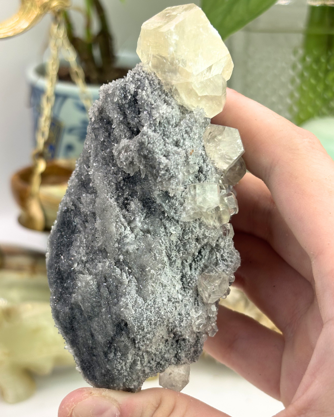 Diamond Calcite on Druzy Quartz Specimen