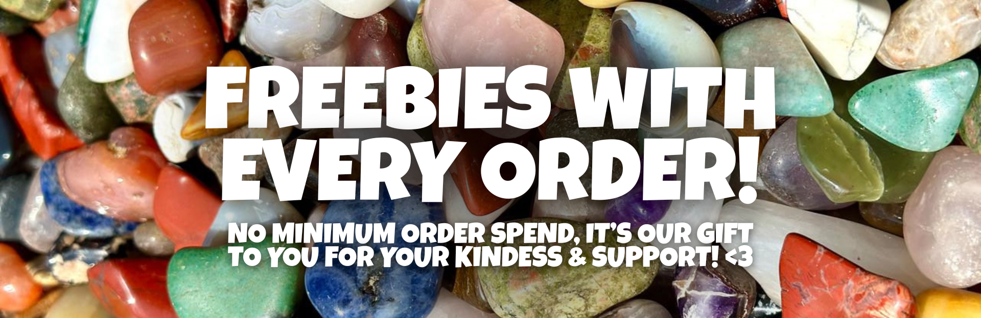 Colorful stones with promotional text overlay