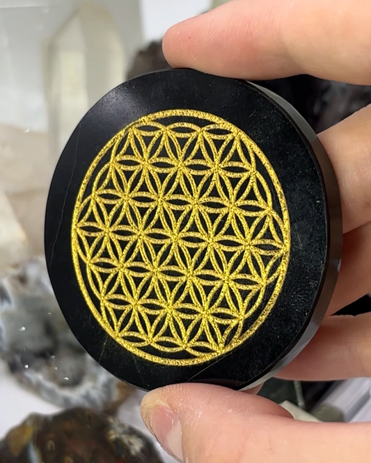 Black Agate Flower of Life Engraved Disc
