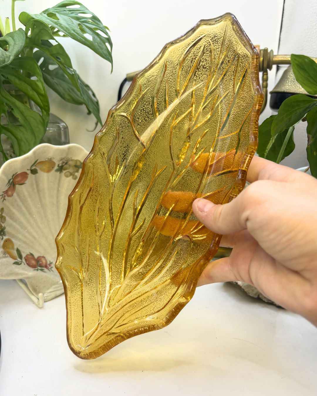 Large Leaf Amber Depression Glass Trinket Dish