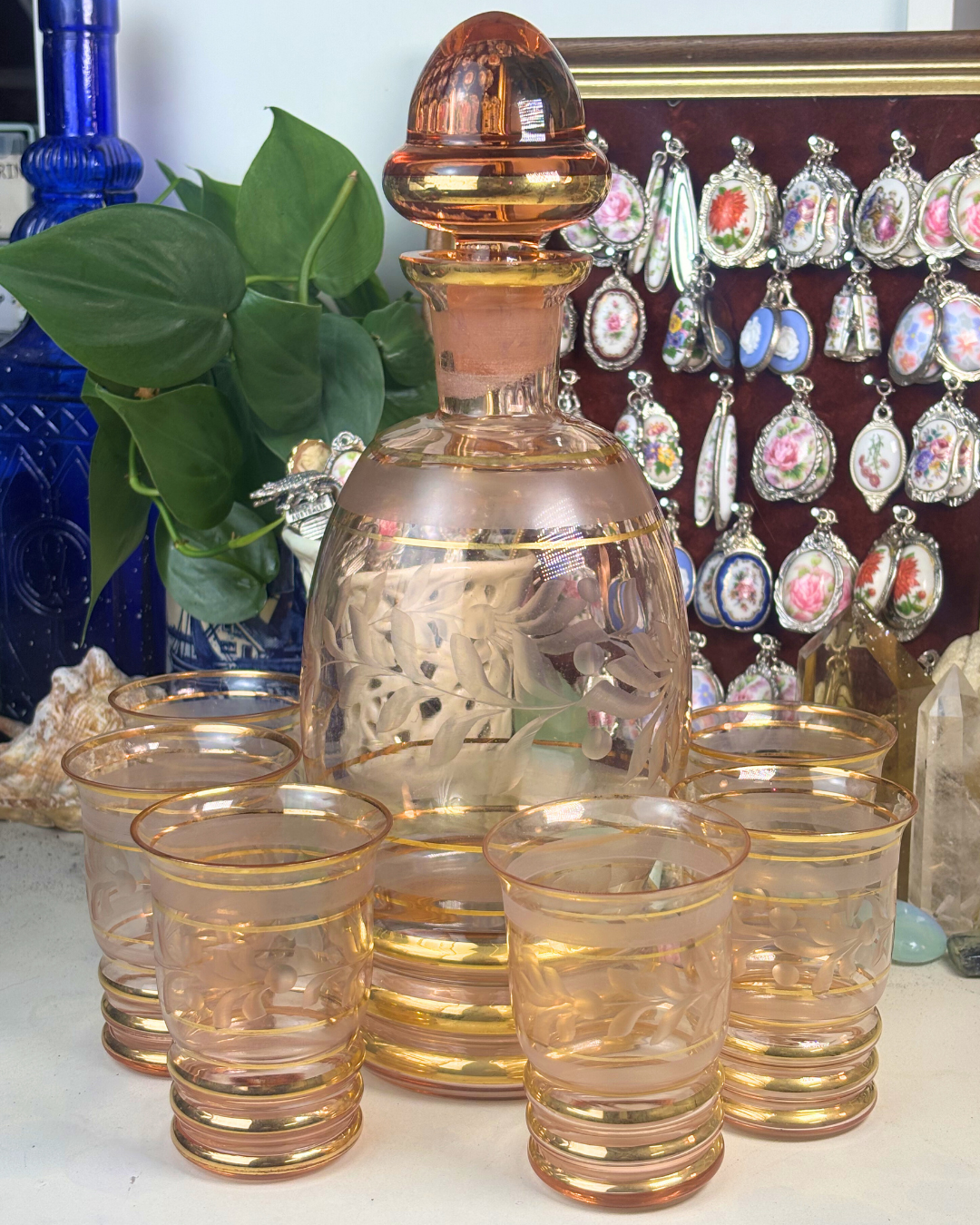 Frosted Glass Peach Decanter Set