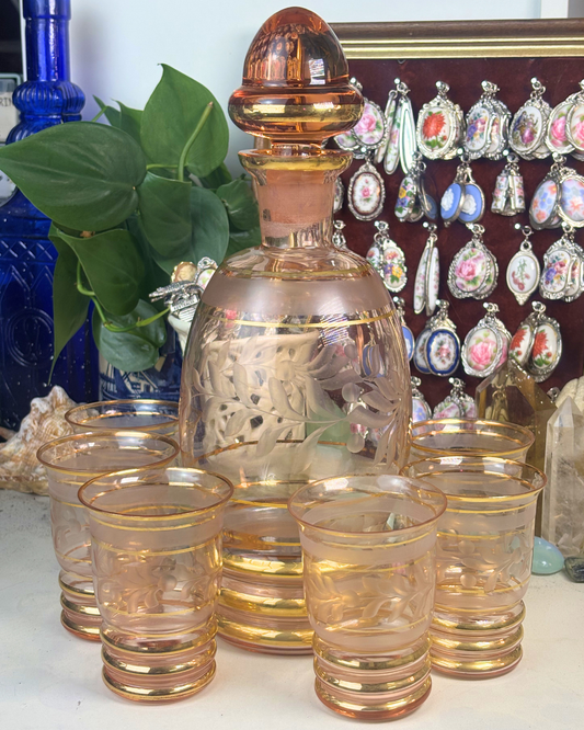 Frosted Glass Peach Decanter Set