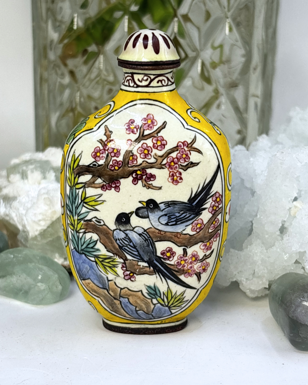 Mini Cloisonne Chinese Dynasty Bronze Love Birds Snuff Bottle Antique