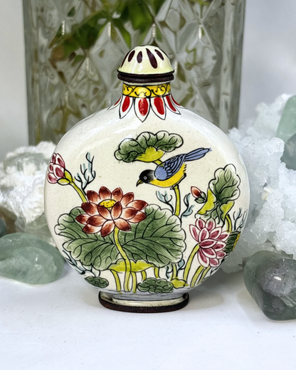 Mini Cloisonne Chinese Dynasty Bronze Florals & Birds Snuff Bottle Antique