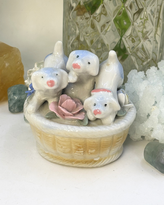 Mini Porcelain Puppies in Flower Basket