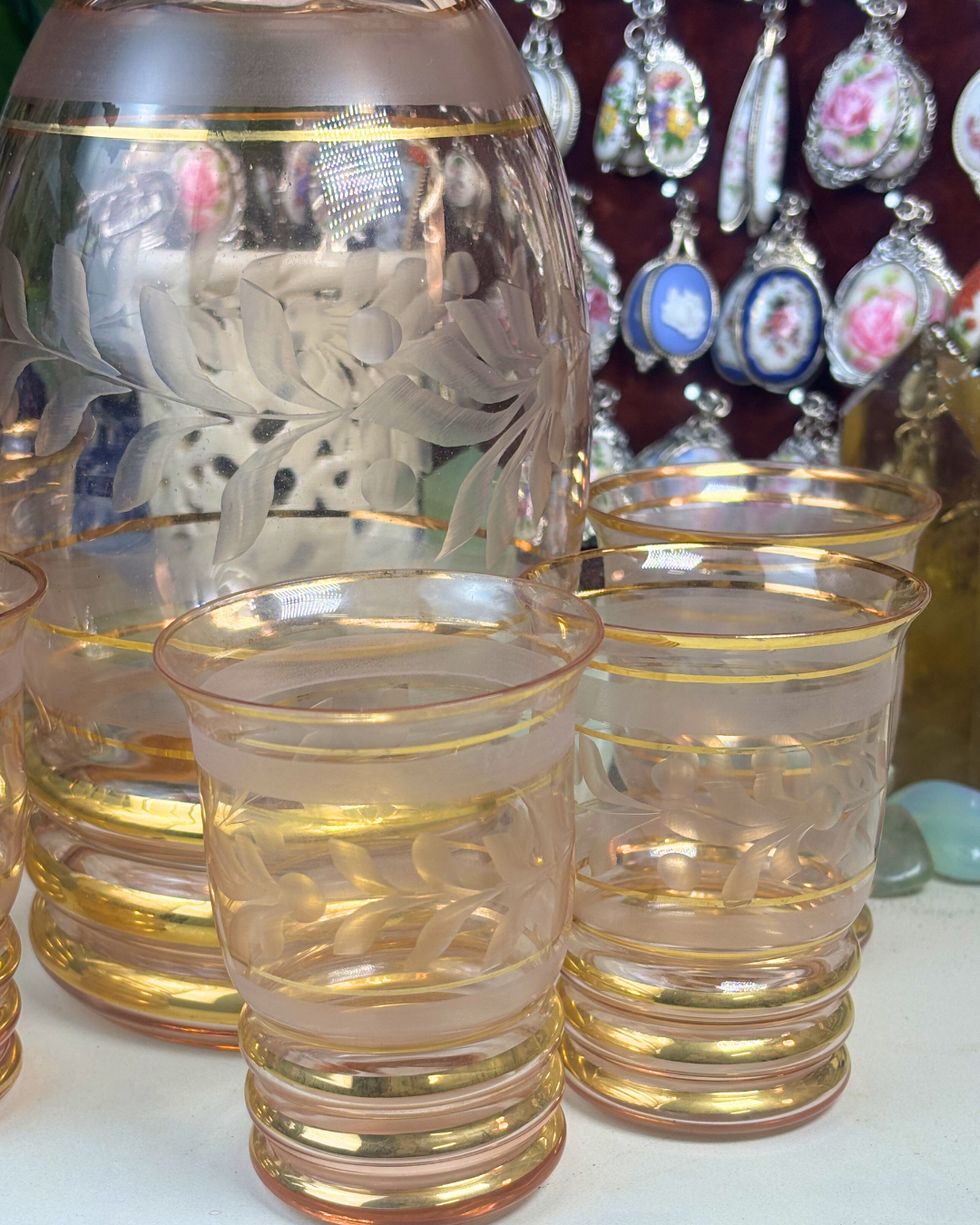 Frosted Glass Peach Decanter Set