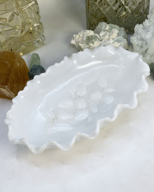 Vintage Milk Glass Trinket Dish with Ruffled Edge
