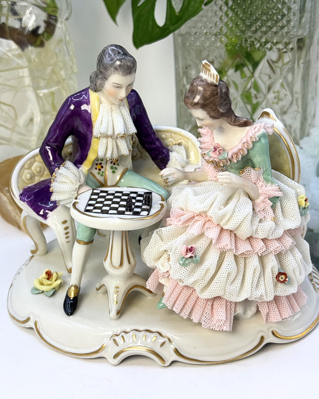 Antique Dresden Frankenthal Couple Playing Chess German Porcelain Figurine