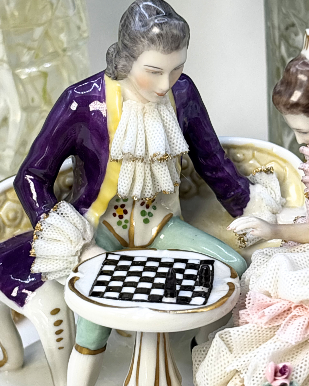 Antique Dresden Frankenthal Couple Playing Chess German Porcelain Figurine