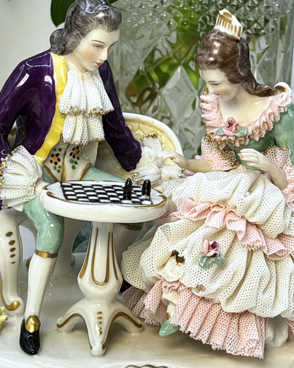 Antique Dresden Frankenthal Couple Playing Chess German Porcelain Figurine