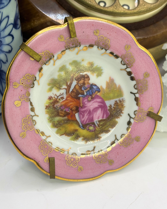 Limoges France Miniature Pink Plate with Brass Stand