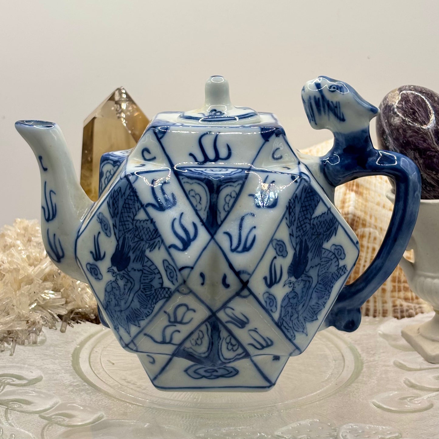 Vintage Chinese Polygon Teapot Dragon Fire Blue