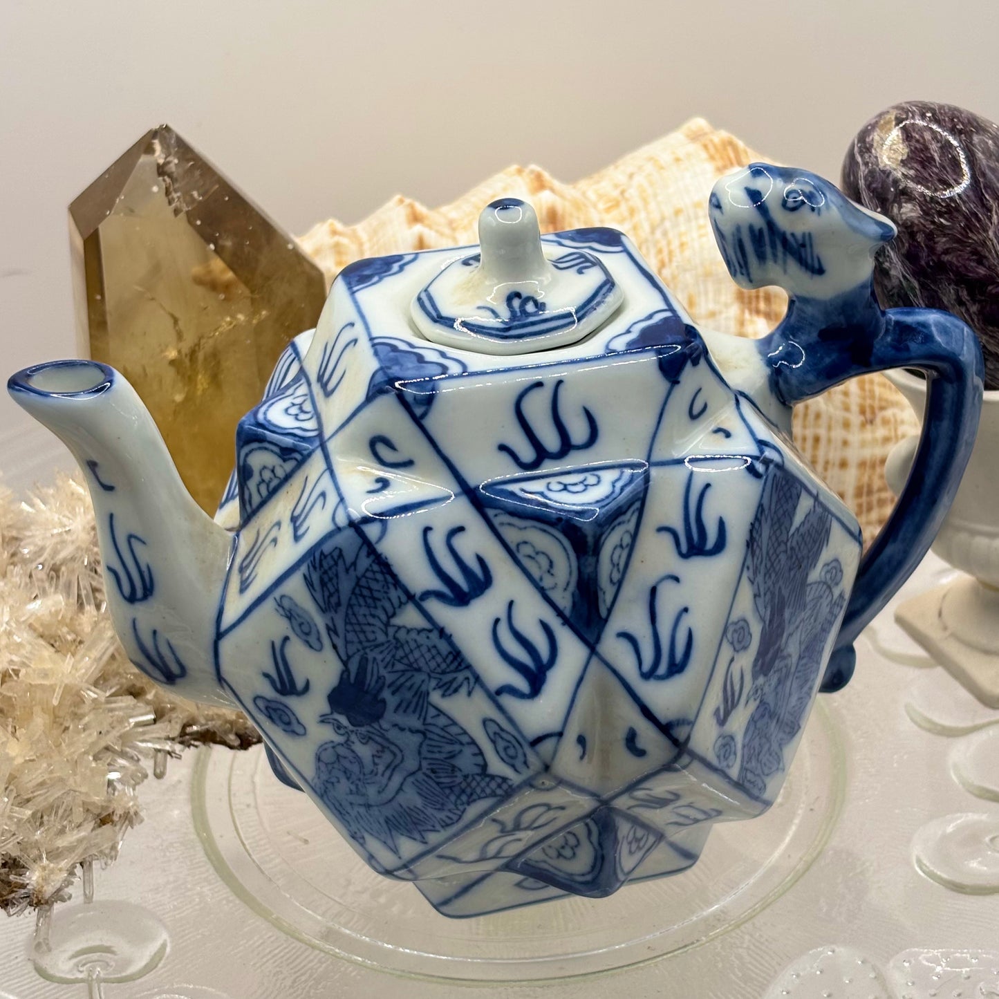 Vintage Chinese Polygon Teapot Dragon Fire Blue