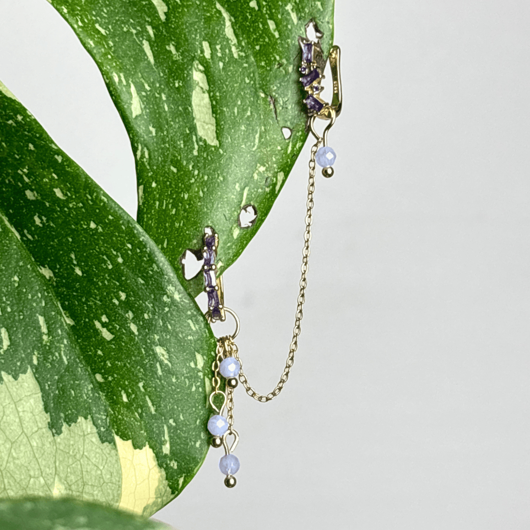 The Guide Crystals Gold | 1 PC Single Blue Lace Agate Waterfall Earring Chain