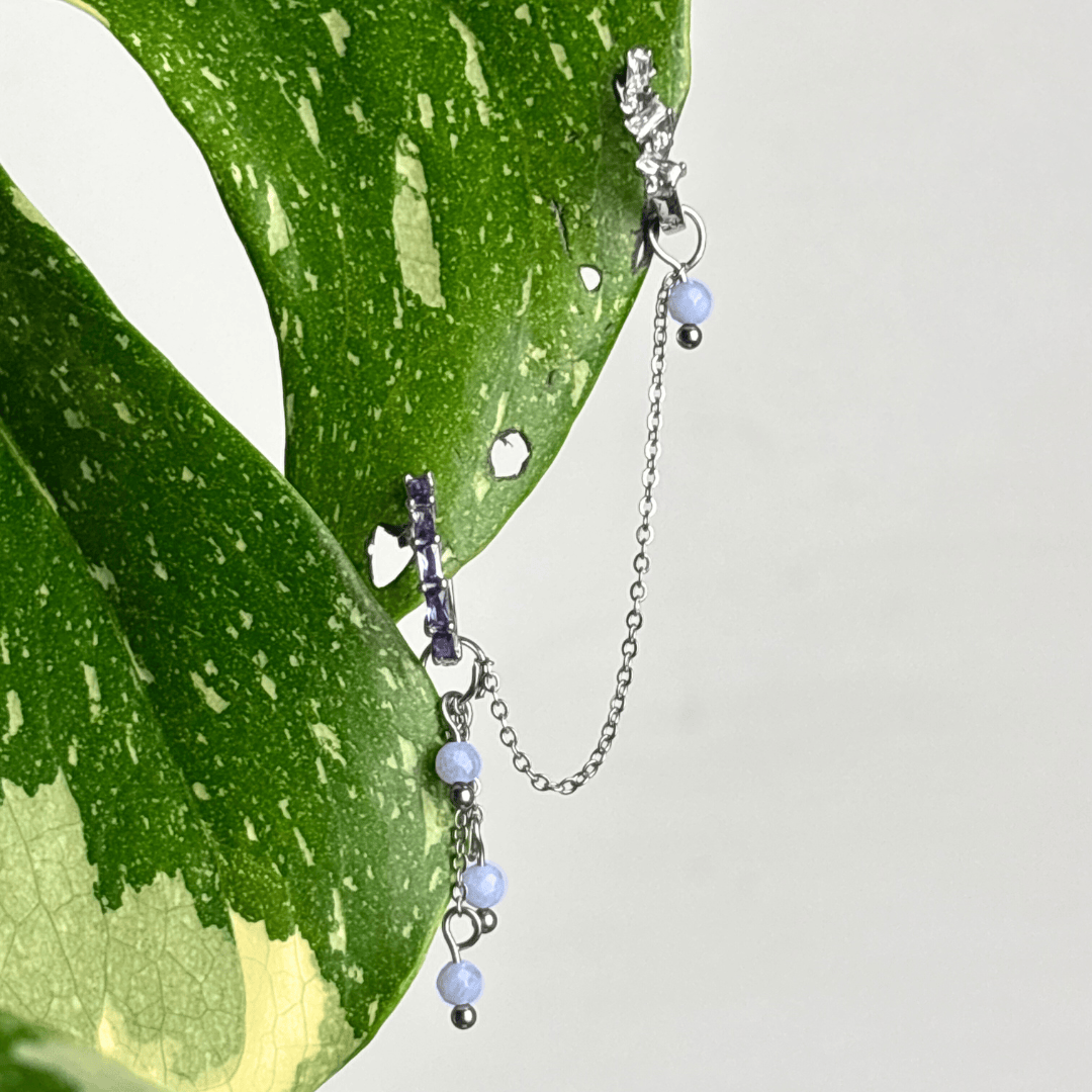 The Guide Crystals Silver | 1 PC Single Blue Lace Agate Waterfall Earring Chain