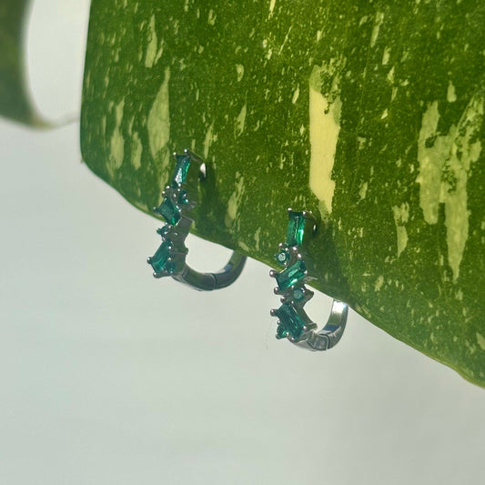 The Guide Crystals Green Abstract Zirconia Silver Huggie Earrings
