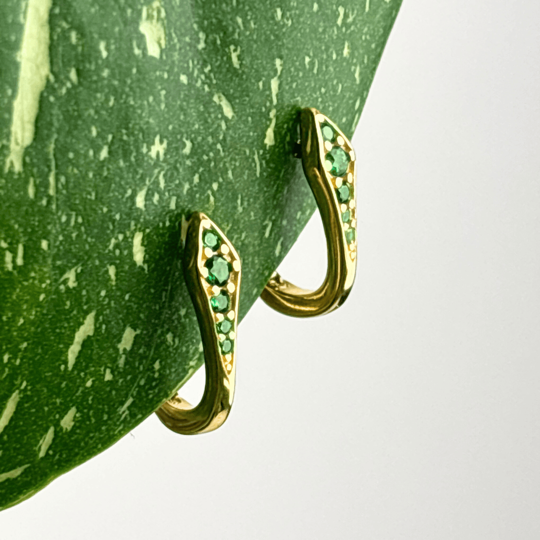 The Guide Crystals Green Mini Snake Zirconia Gold Huggie Earrings