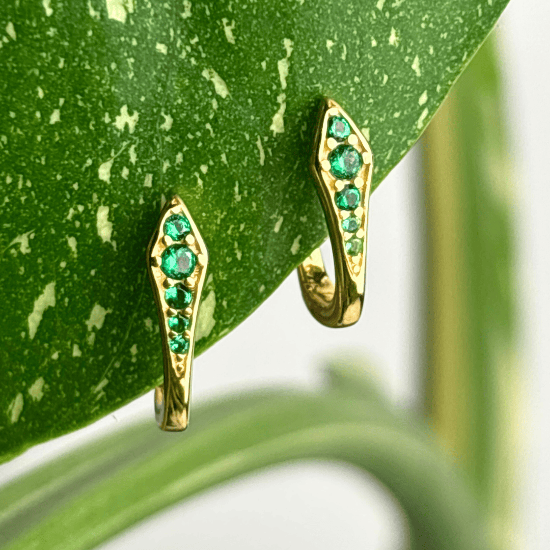 The Guide Crystals Green Mini Snake Zirconia Gold Huggie Earrings