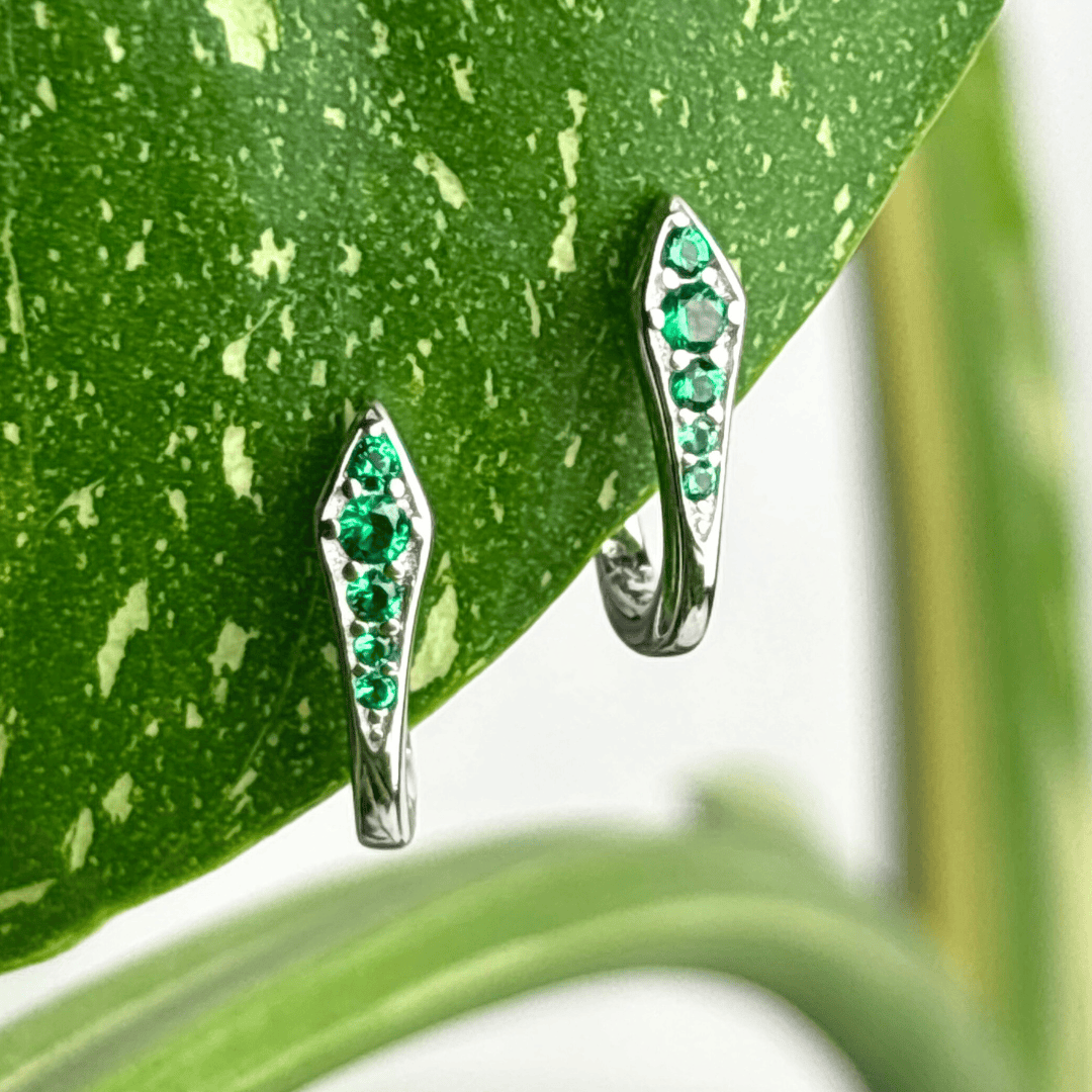 The Guide Crystals Green Mini Snake Zirconia Silver Huggie Earrings