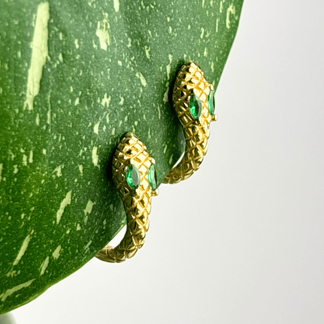 The Guide Crystals Green Snake Zirconia Gold Huggie Earrings