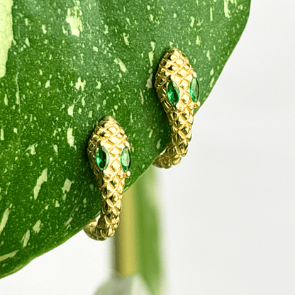 The Guide Crystals Green Snake Zirconia Gold Huggie Earrings