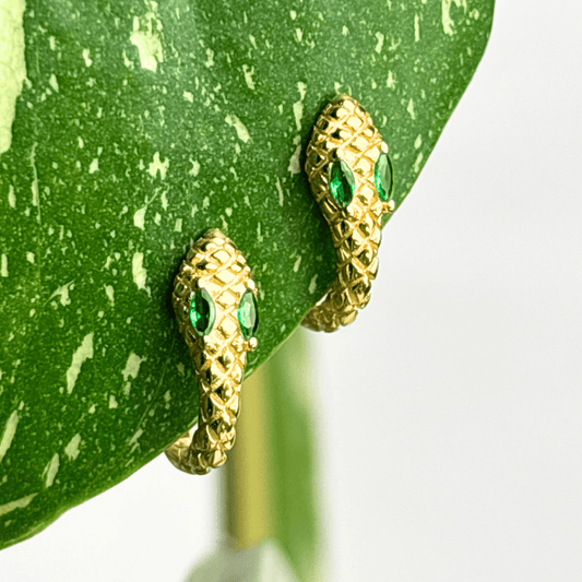 The Guide Crystals Green Snake Zirconia Gold Huggie Earrings