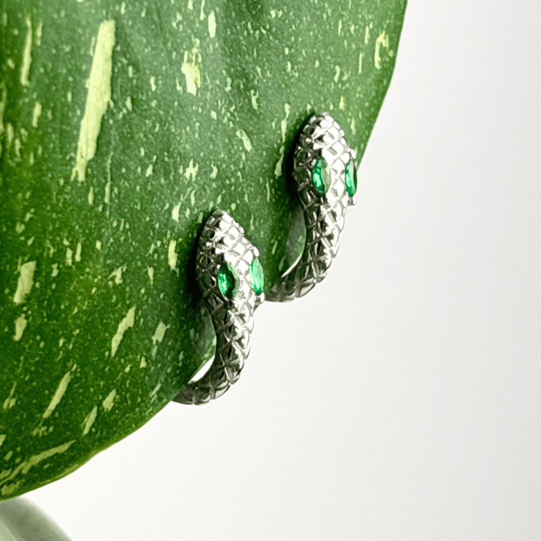 The Guide Crystals Green Snake Zirconia Silver Huggie Earrings