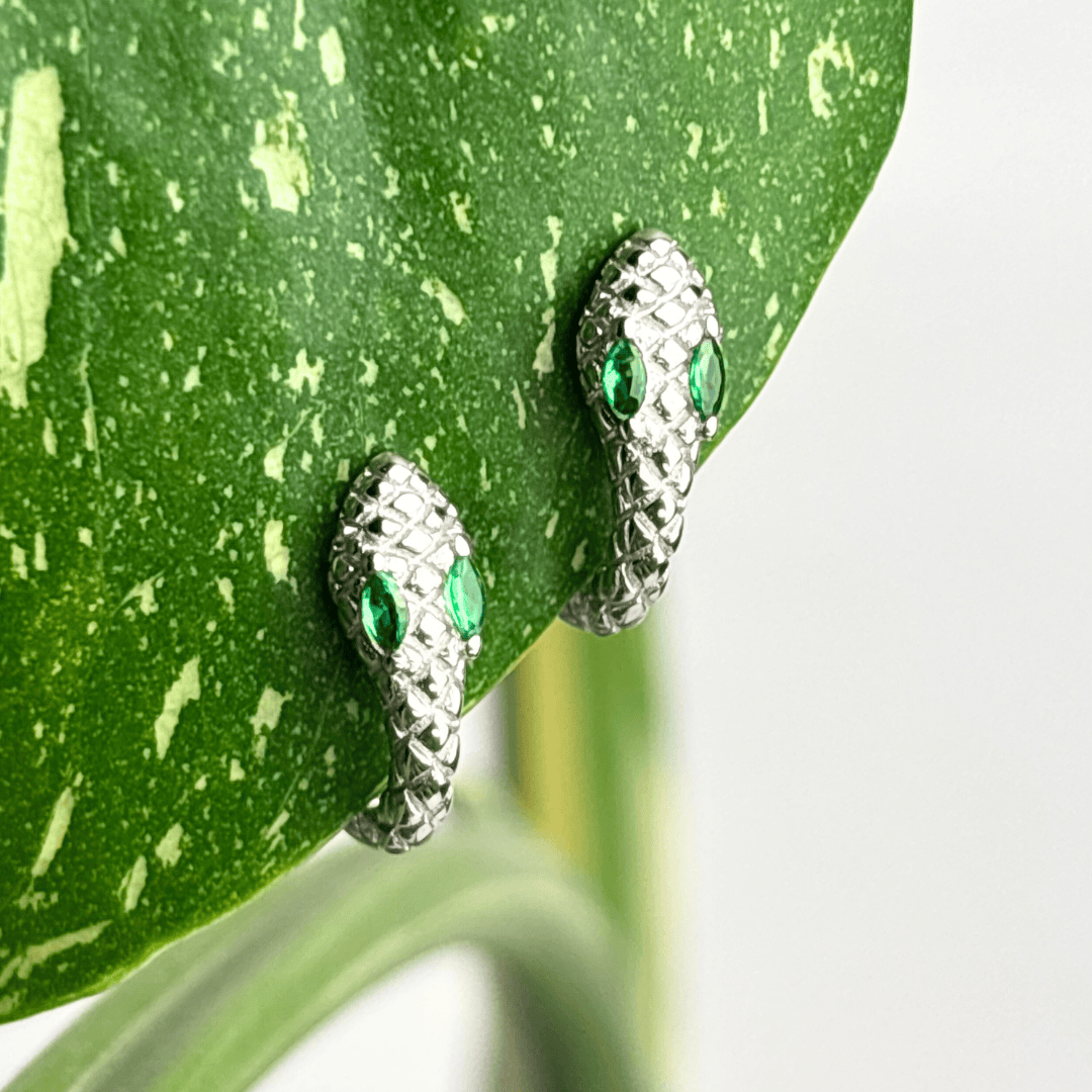 The Guide Crystals Green Snake Zirconia Silver Huggie Earrings