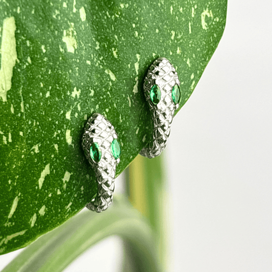 The Guide Crystals Green Snake Zirconia Silver Huggie Earrings