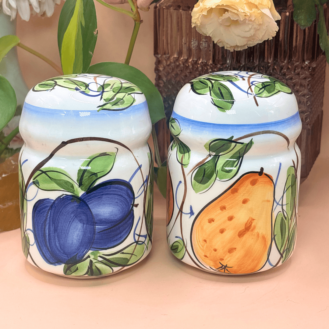 The Guide Crystals Handpainted Salt and Pepper Shakers Itallian Fruits, Vines, and Pears AVAILABLE 1/11!