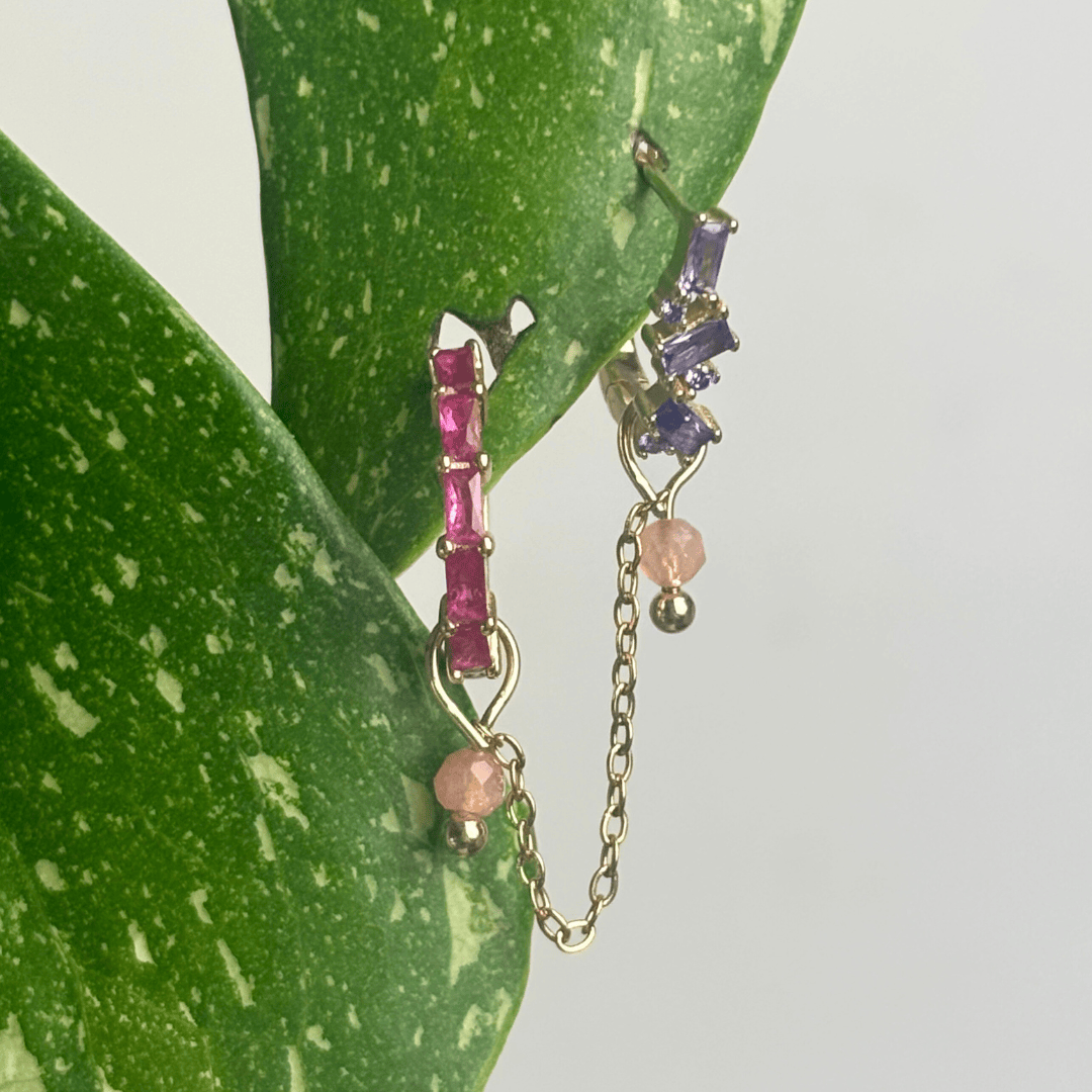 The Guide Crystals Gold | 1 PC Single Peach Moonstone Aurora Chain Crystal Earring Charm