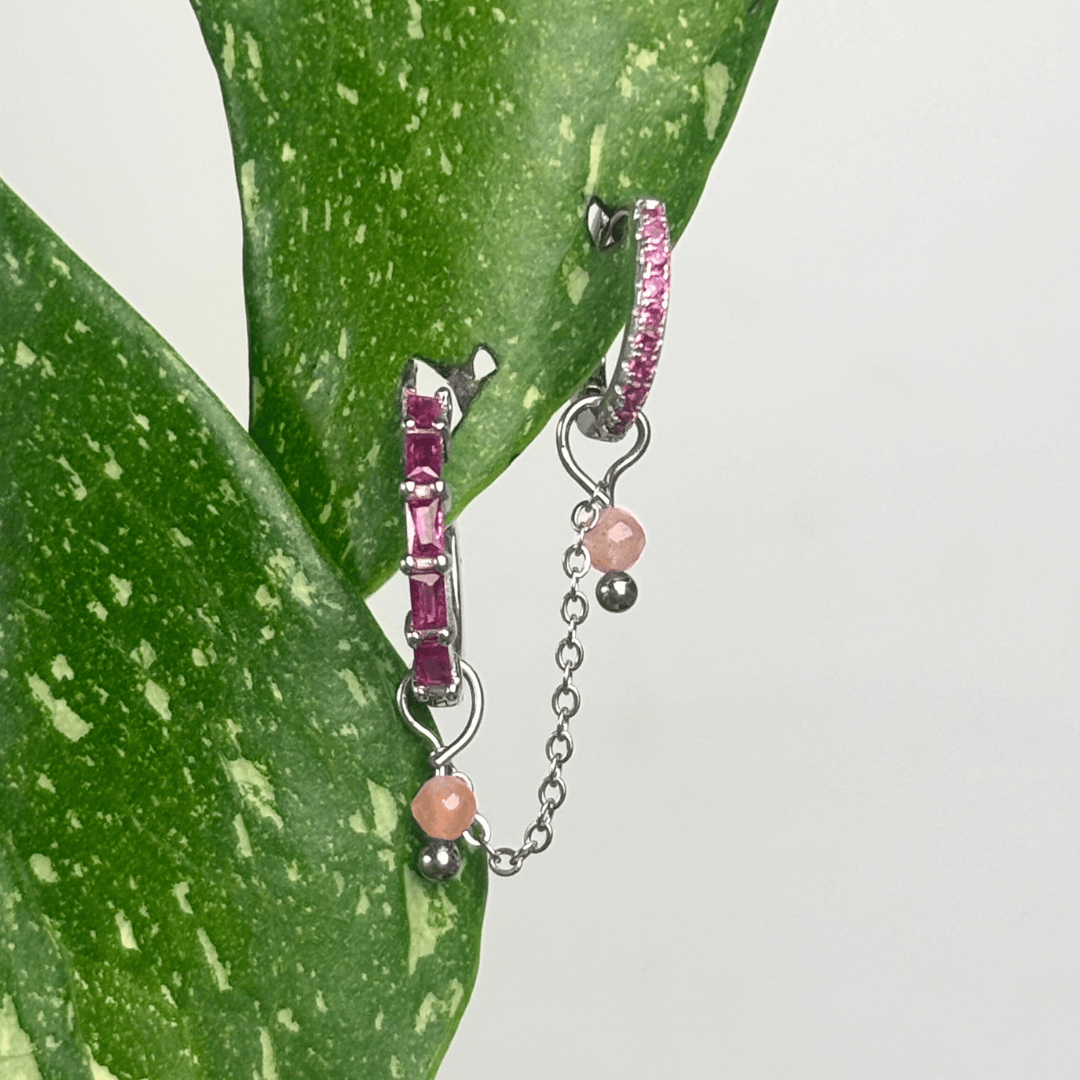 The Guide Crystals Silver | 1 PC Single Peach Moonstone Aurora Chain Crystal Earring Charm