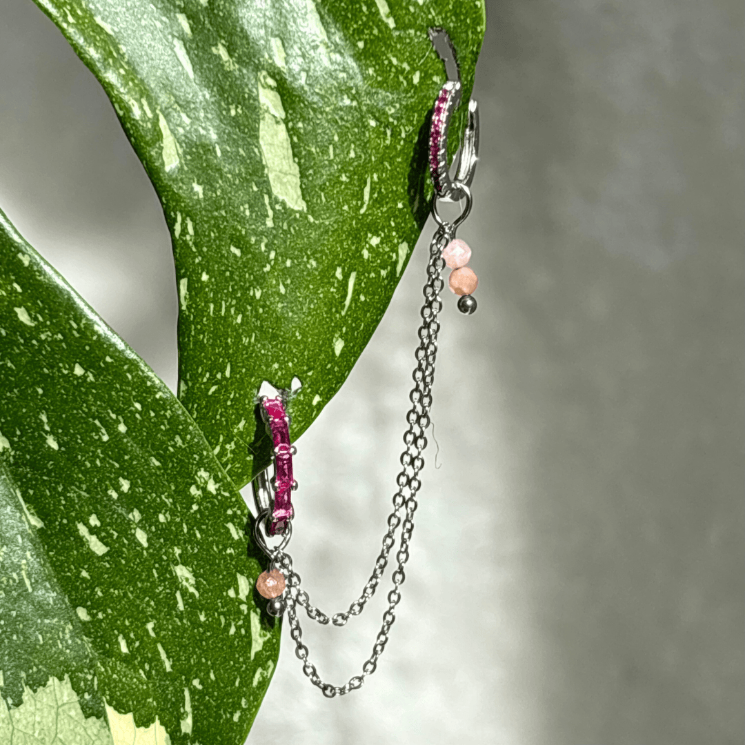 The Guide Crystals Silver | 1 PC Single Peach Moonstone Cordellia Chain Crystal Earring Charm