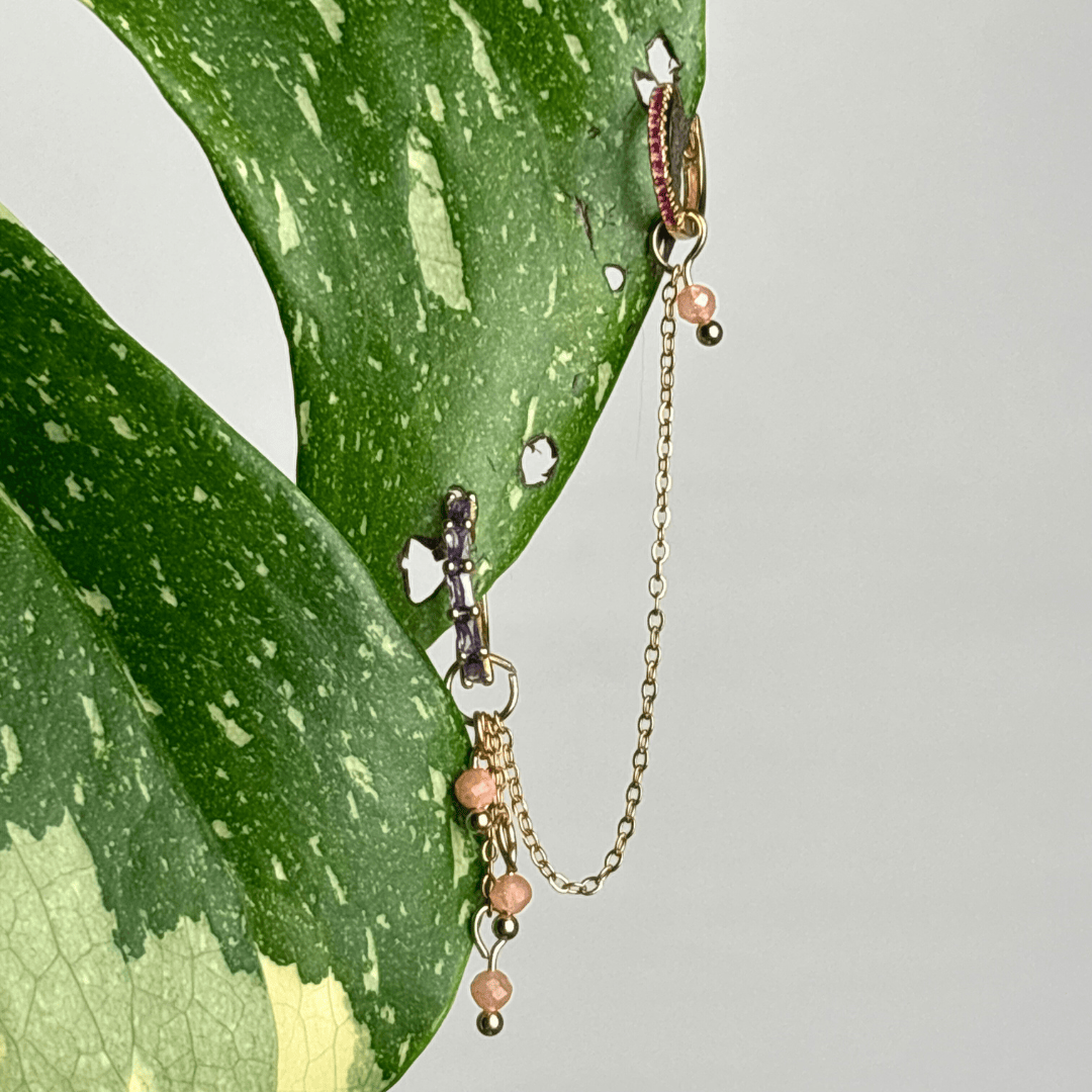 The Guide Crystals Gold | 1 PC Single Peach Moonstone Waterfall Earring Chain