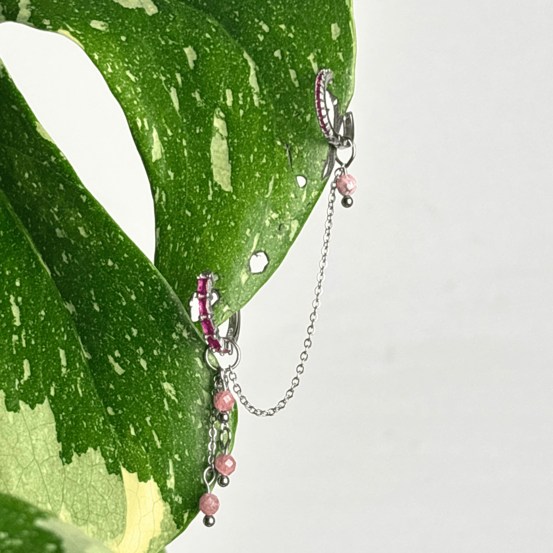 The Guide Crystals Silver | 1 PC Single Peach Moonstone Waterfall Earring Chain