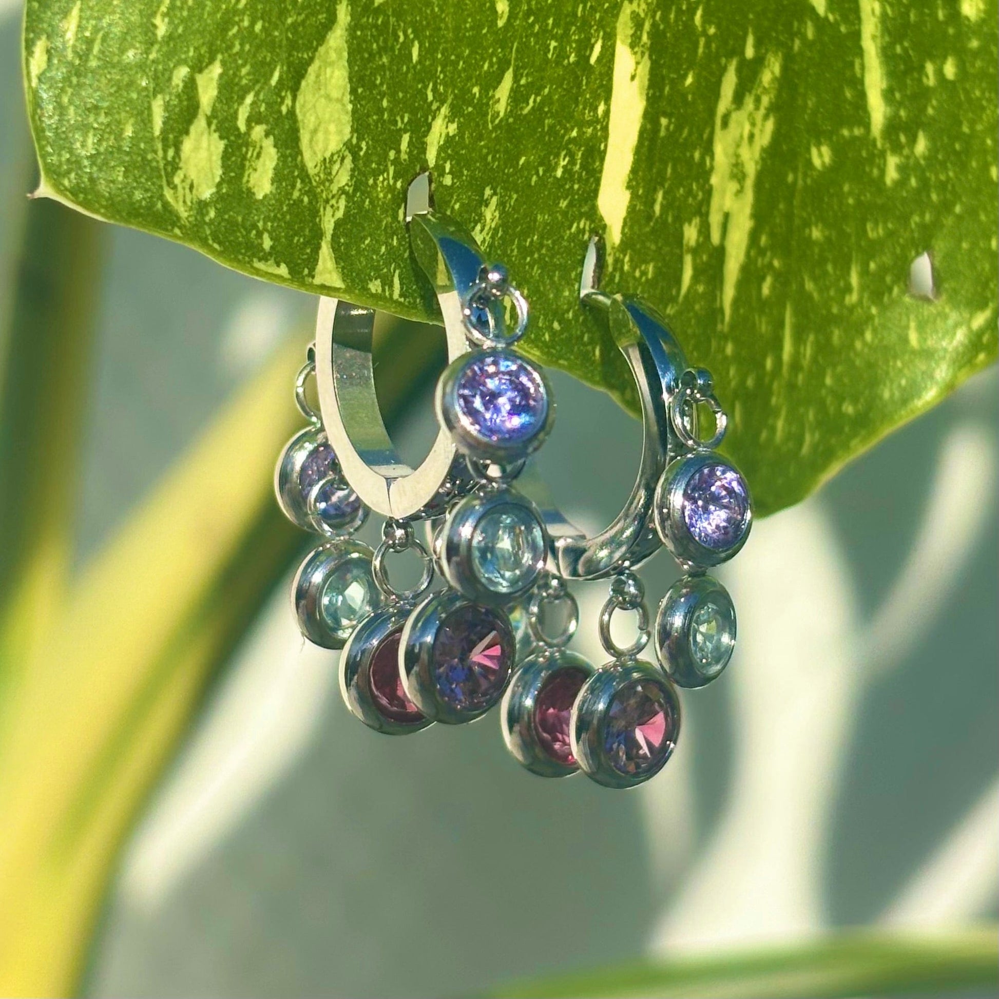 The Guide Crystals Rainbow Zirconia Silver Hoop Earrings | Stainless Steel