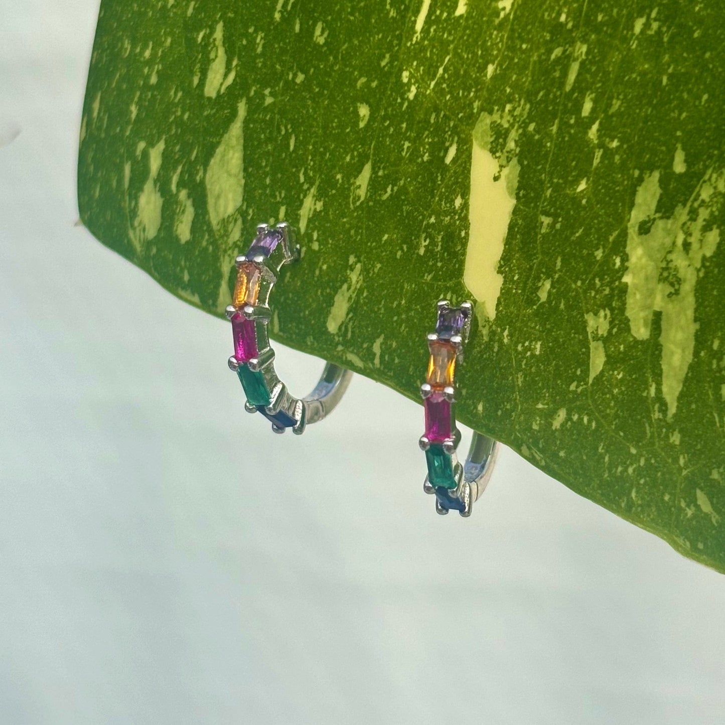 The Guide Crystals Rainbow Zirconia Silver Huggie Earrings