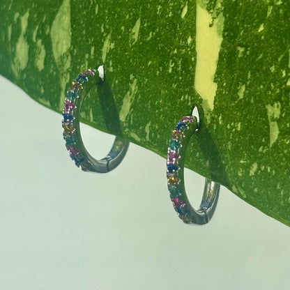 The Guide Crystals Rainbow Zirconia Silver Mini Huggie Earrings