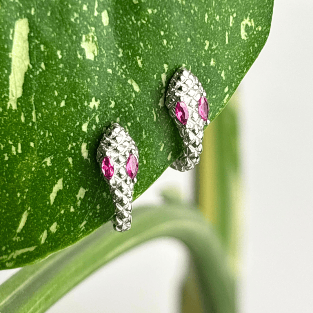 The Guide Crystals Rose Snake Zirconia Silver Huggie Earrings