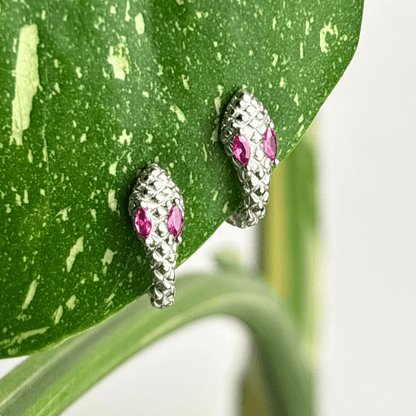 The Guide Crystals Rose Snake Zirconia Silver Huggie Earrings