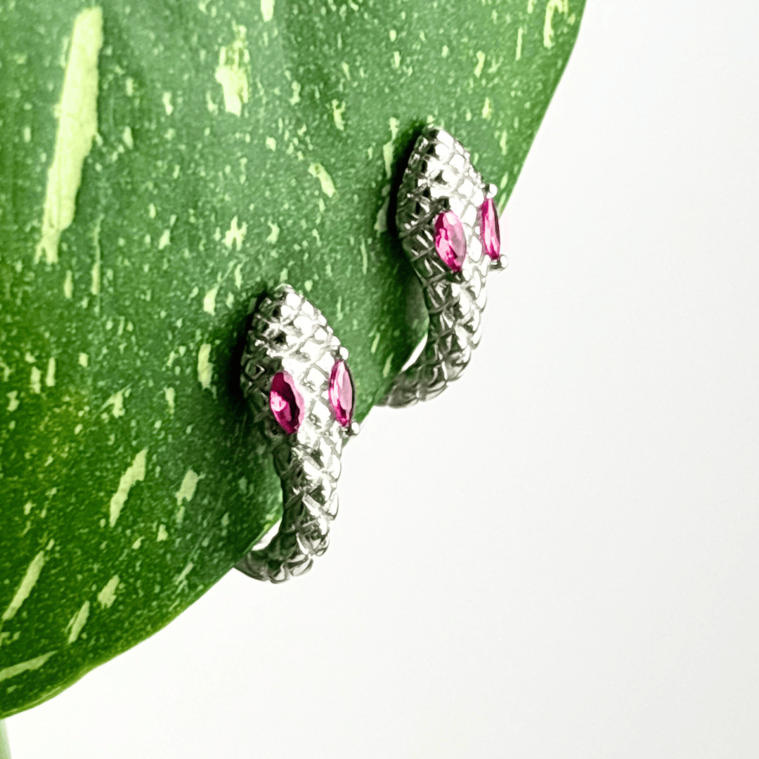 The Guide Crystals Rose Snake Zirconia Silver Huggie Earrings