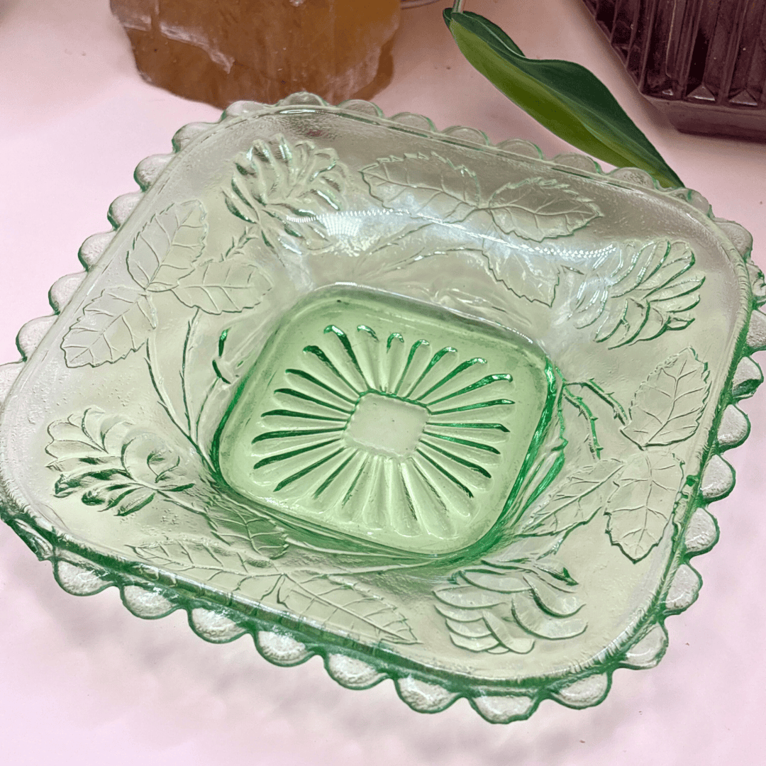 The Guide Crystals Flowers Vintage Green Glass Trinket Dish AVAILABLE 1/11!